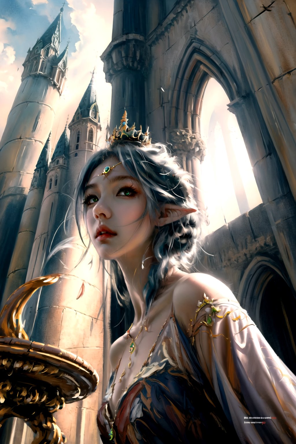 DreamShaper8_prunedmasterpiece, best quality, (close-up, low angle, fish eye camera:1.3), ((oil painting style)), An oil painting, from the Renaissance era of Asian girl, wearing a floating red dress, elf ears, green eyes, posing, majestic, crown, space_hair, fallen, (victorian buildings background), upper body, (closed mouth:1.2), looking at viewer, dynamic pose, cute expression, gray theme, cloud ,mikudef, BREAK golden hour, castle background,Wlop,face