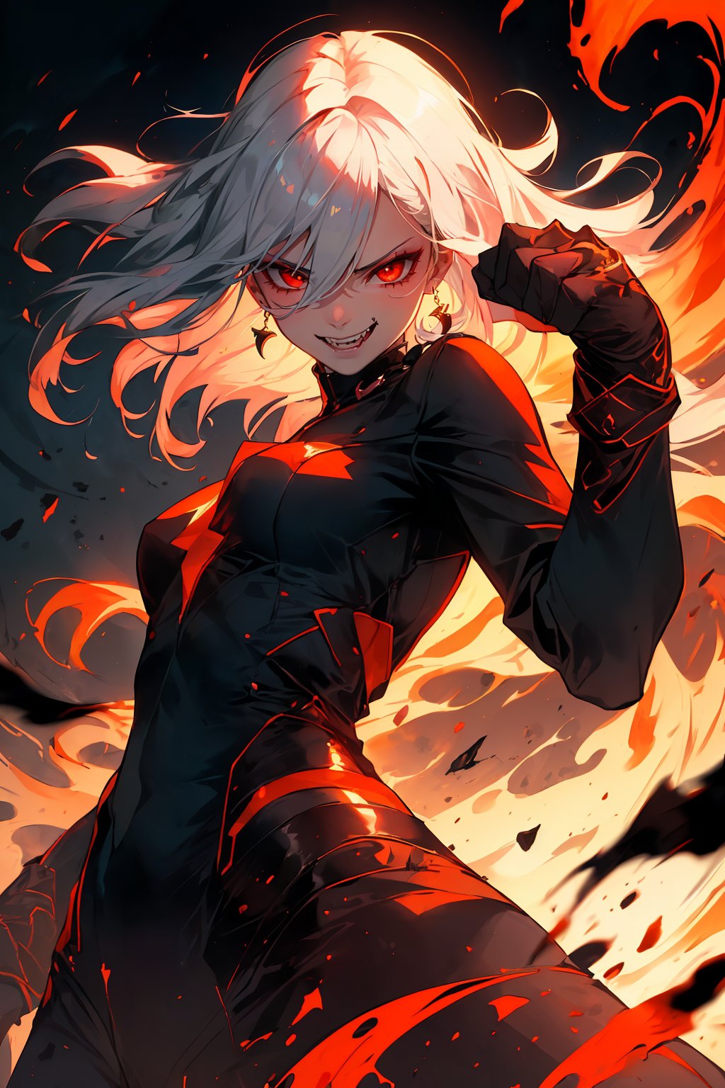 ((Masterpiece best quality highres:1.4), ((close up, upper body, low angle)), a beautiful korean woman, (vampire woman, white hair),  little fangs, seductive eyes, (smirk face, looking down:1.4), wearing a suggestive black tight dress, (dynamic pose, fight stance:1.4), a big blood moon stand in the night sky, magma and rocks on the background, fantasy masterpiece, Greg Rutkowski,r1ge