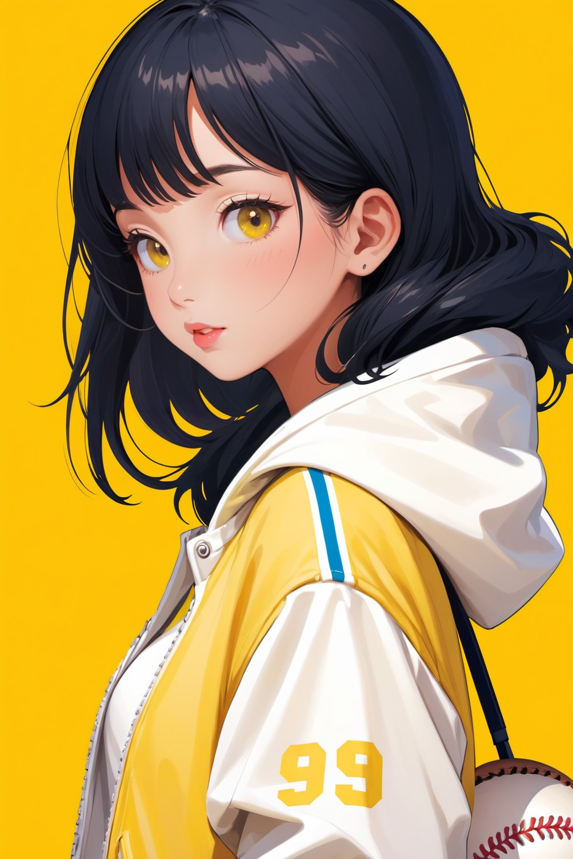 Close-up, portrait, 2d illustration, a girl, asian, wearing a white and yellow baseball jacket, hoodie, holding a baseball, vibrant flat color background