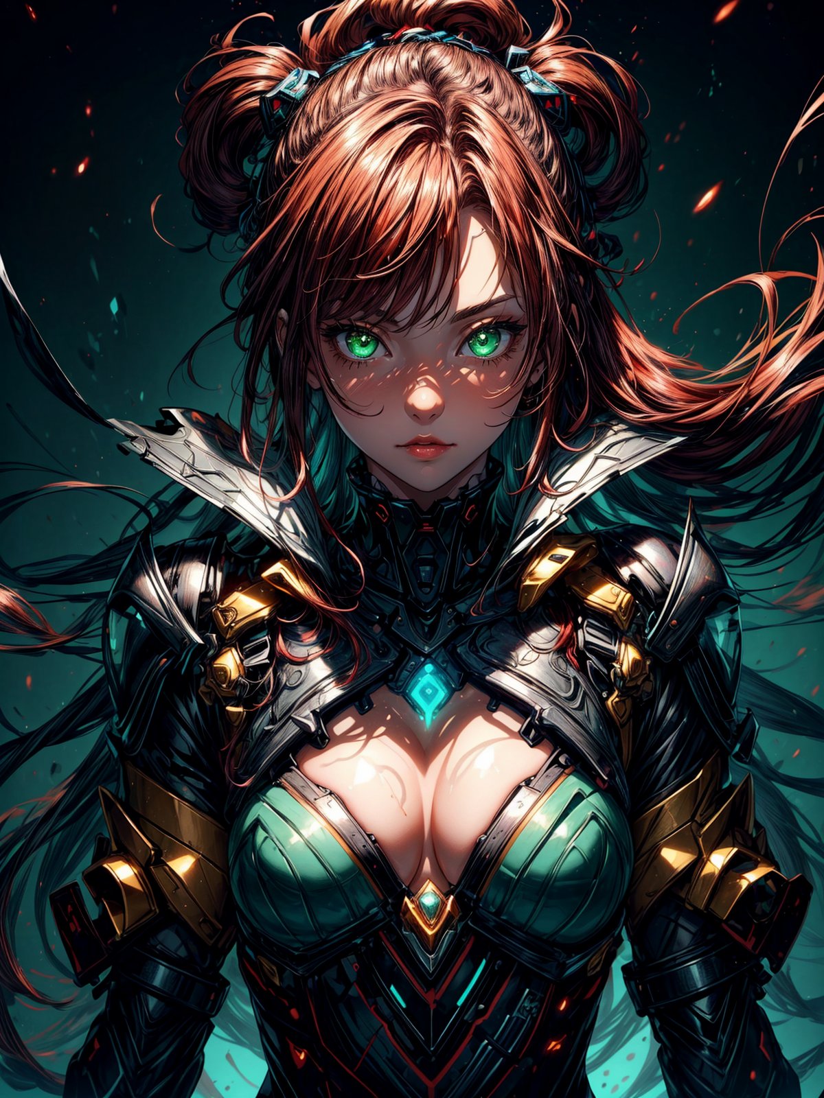 ((masterpiece, best quality, highres:1.2)) centered, close up, 1girl, young, redhead, flowing hair, long hair, glossy lips, closed mouth, glowing green eyes, looking at the camera, head ornament, intricate metal geared armor, dynamic pose, slander body, soft edges, thick lineart, hard light, dual tone light source, colorful set,Detailedface