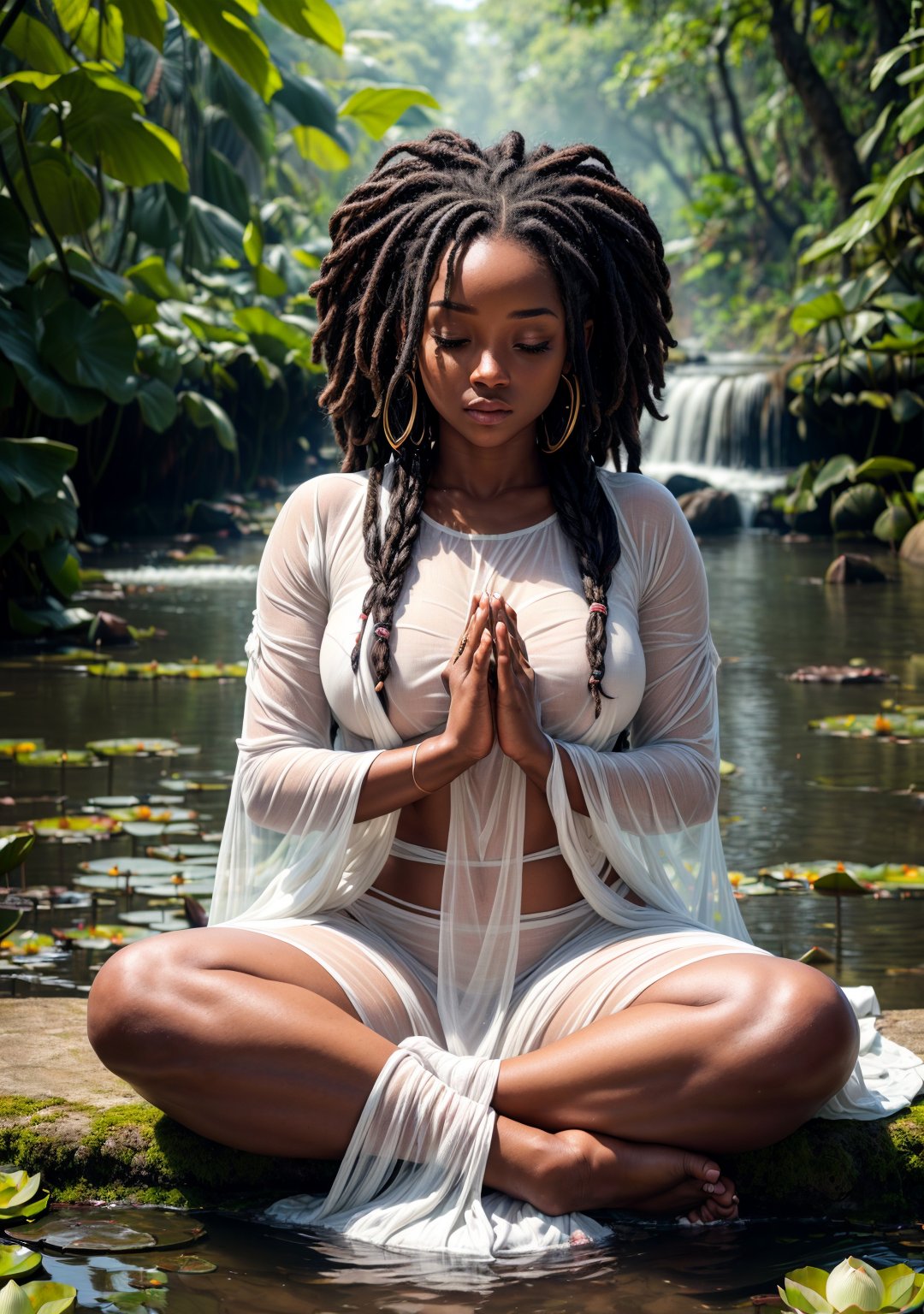 RAW photo, wide effect, 25y.o. woman, african traits, ebony, meditating, mudra pose, (meditation pose by theposearchives), (detailled hands on kees), (feet hidden in water), closed eyes, symetrical, curvy, beautiful, dreadlocks, intricate details, ((detailed skin texture)), ((detailed face)), best quality, (covered with white see-through loose flowing cloth showing slightly her natural body), sitting, forest, river, ((lotus flowers)), 8k uhd, dslr, soft lighting, film grain, Fujifilm XT3, flower background