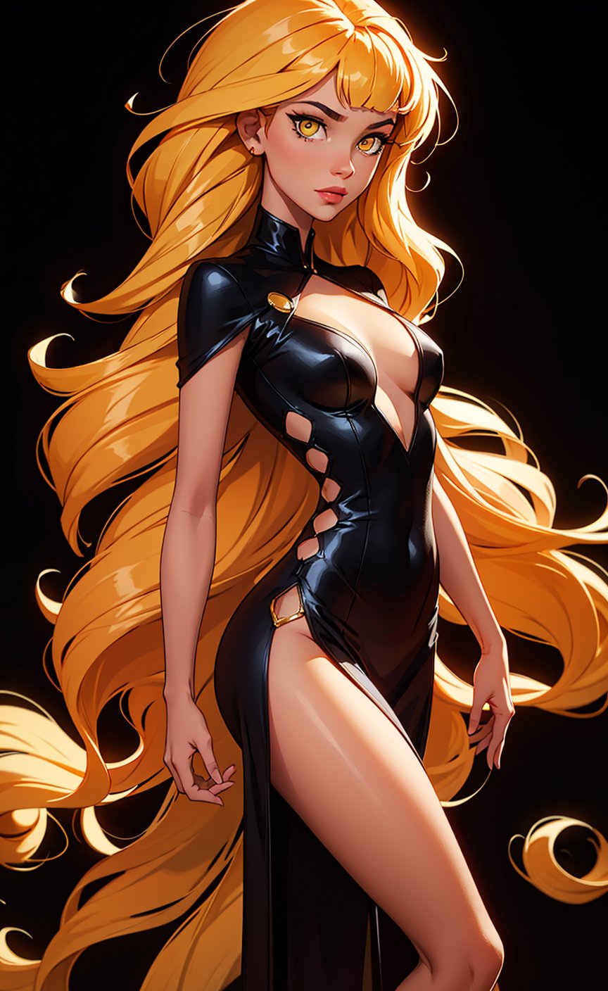 One woman, (black background), long-hair, past-the-wiste, long_hair, cyborg eyes, yellow_eyes, golden hair with bangs, shiny gold dress, Sasa Deep V-neckline High Slit Cut Out Dress, perfect legs, perfect ass, perfect hands, seductive look, sexy eyes, showing off, ((looking at viewer)), full_body