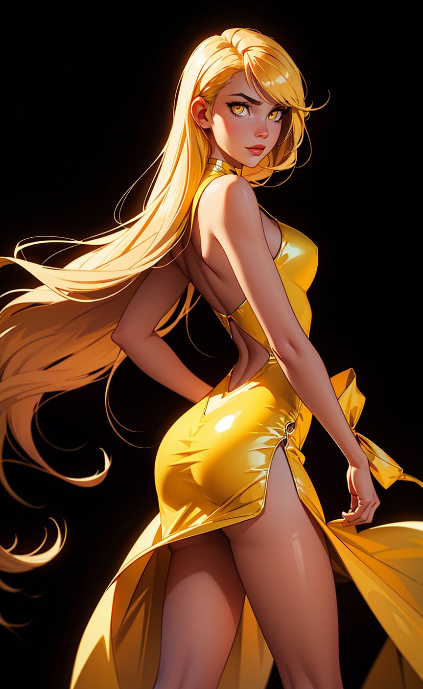 One woman, (black background), long-hair, past-the-wiste, long_hair, cyborg eyes, yellow_eyes, golden hair with bangs, shiny gold dress, Sasa Deep V-neckline High Slit Cut Out Dress, perfect legs, perfect ass, perfect hands, seductive look, sexy eyes, showing off, looking at viewer, full_body, looking_at_viewer