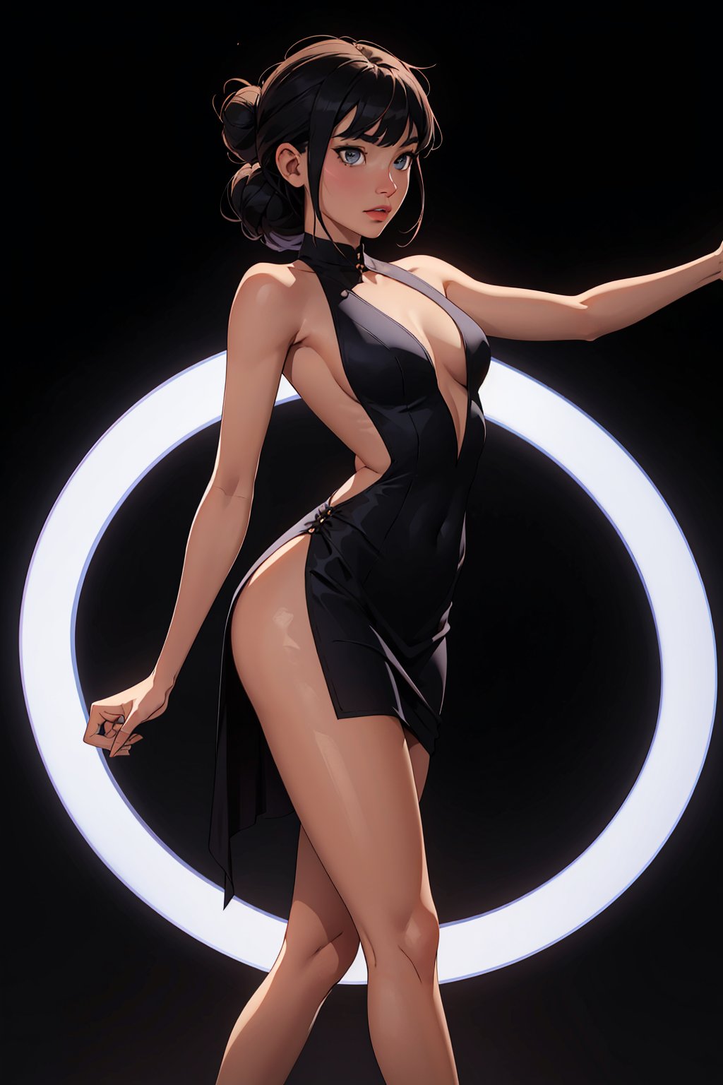 1woman, black background, long-hair, past-the-wiste, hair in a bun, black hair with bangs, Surplice Neck Ruched Backless Split Thigh Satin Sexy Party Dress, striking a sexy pose, showing off her body, perfect body, perfect legs, perfect ass, seductive look, sexy eyes, full_body ,SAM YANG