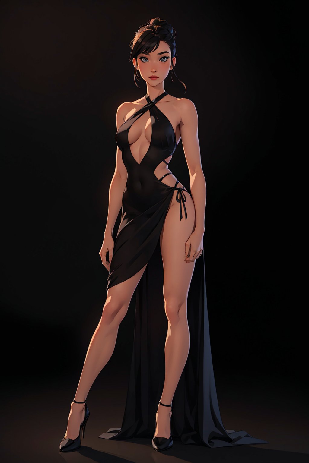 1woman, black background, long-hair, past-the-wiste, hair in a bun, black hair with bangs, SXY Draped Criss Cross Dress, showing off her body, perfect body, perfect legs, perfect ass, perfect hands, seductive look, sexy eyes, looking at viewer, full_body,SAM YANG