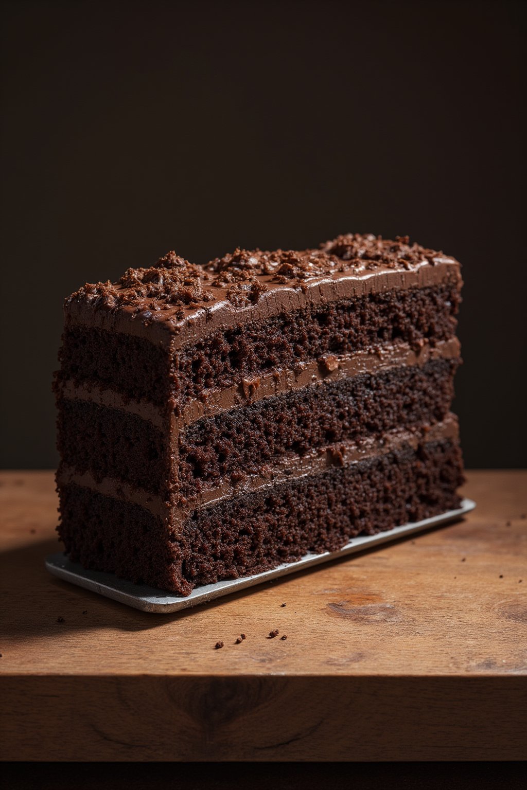 Realistic oil painting of a decadent chocolate cake with intricate details and textures, by Jan van Eyck, studio lighting, closeup shot, mouth-watering colors