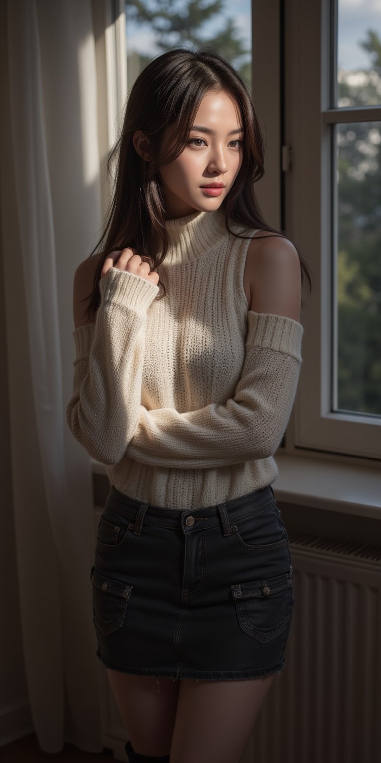 Mysterious beauty poses dynamically under the soft glow of the full moon outside her bedroom window. Reflected light dances across her delicate features as she wears a sleeveless white turtleneck sweater and bodycon cargo miniskirt, paired with long boots. Her light brown hair hangs straight down, framing her face with a subtle parting and bangs. The excessive overexposure creates an airy, dreamy atmosphere, perfect for capturing the essence of this 20-year-old enigmatic girl.