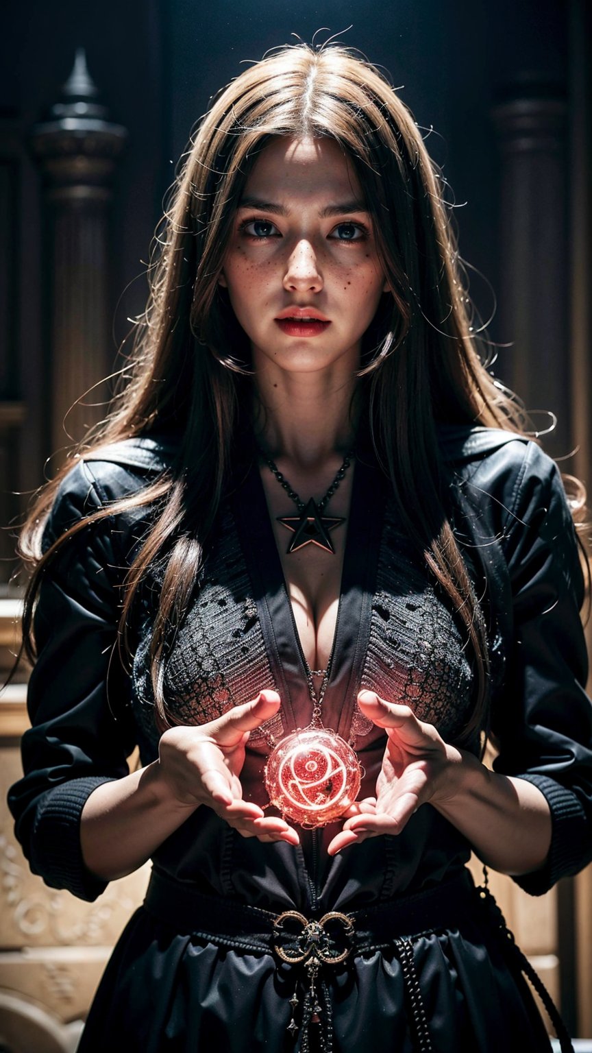 1 girl, adult (elven:0.7) woman, freckles, yellow eyes, gray long hair,
 solo, half shot, looking up, detailed background, detailed face, (, V0id3nergy, void theme:1.1), (glowing eyes:1.05),  dilated pupils, summoner, unholy, intricate necromancer clothes, amulet, conjuring, movement, evil smile, ritual, pentagram, surrounded by dark  dark magical inscriptions,   red swirling summoning energy, (style-swirlmagic:0.7), calling forth evil power,  tower background,  dark glowing aura, ethereal atmosphere,