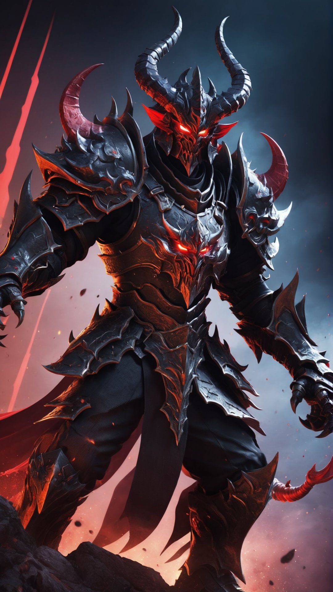 (masterpiece, top quality, best quality, official art, beautiful and aesthetic), 1boy, male, fully armored, masked, blood magic, draconic armor, red and black color scheme, glowing eyes, red demonic horns, demon god, demon king, red eyes, epic, demonic halo, (dynamic angle), abyssal, splash art, highest definition, dark background, gradient background