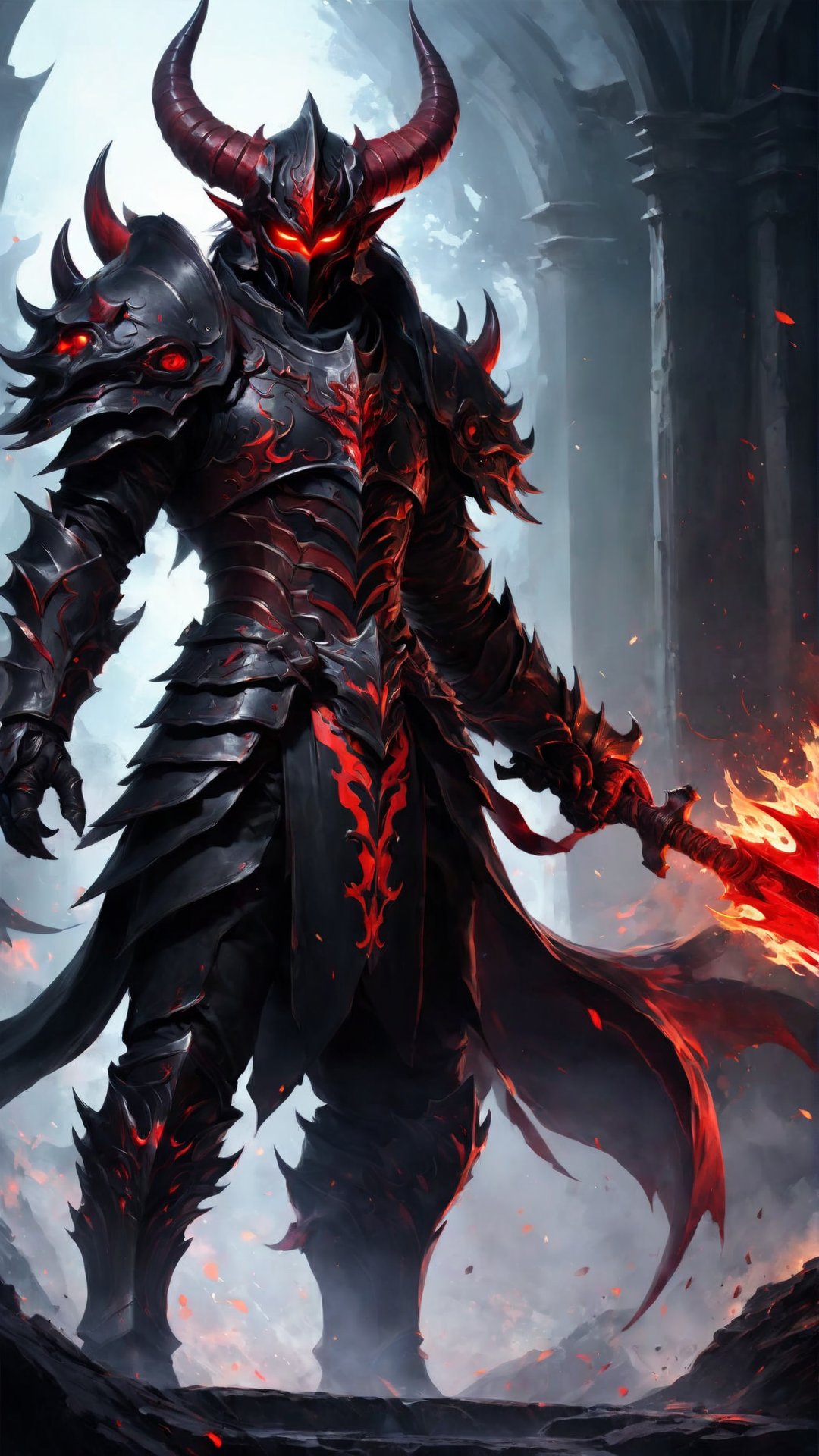 (masterpiece, top quality, best quality, official art, beautiful and aesthetic), 1boy, male, fully armored, masked, blood magic, draconic armor, red and black color scheme, glowing eyes, red demonic horns, demon god, demon king, red eyes, epic, demonic halo, (dynamic angle), abyssal, splash art, highest definition, dark background, gradient background