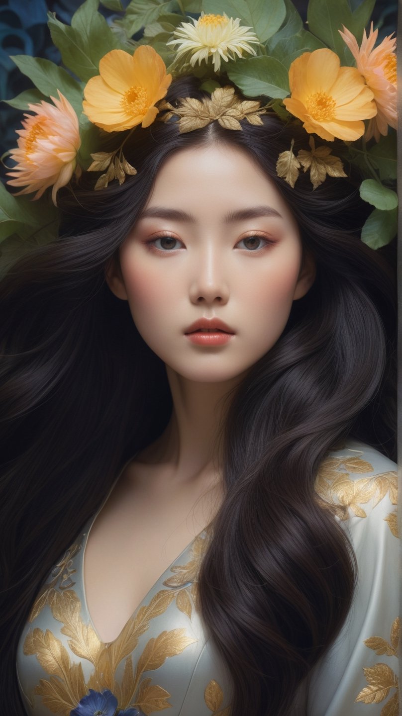 breathtaking close up portrait of a british baked potato goddess with dark flowing hair, ornate background, amalgamation of leaves and flowers, by Hsiao-Ron Cheng, James jean, Miho Hirano, Hayao Miyazaki, extremely moody lighting, 8K