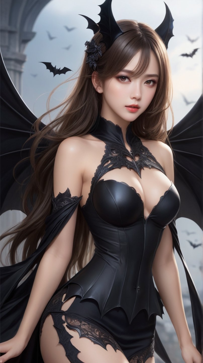 a super sexy Anime girl with long hair, black Bat Wings, HD, illustration, epic, fantasy, intricate, elegant, amazing detail, digital painting, artstation, concept art, smooth, sharp focus, illustration, art by Turine Tran