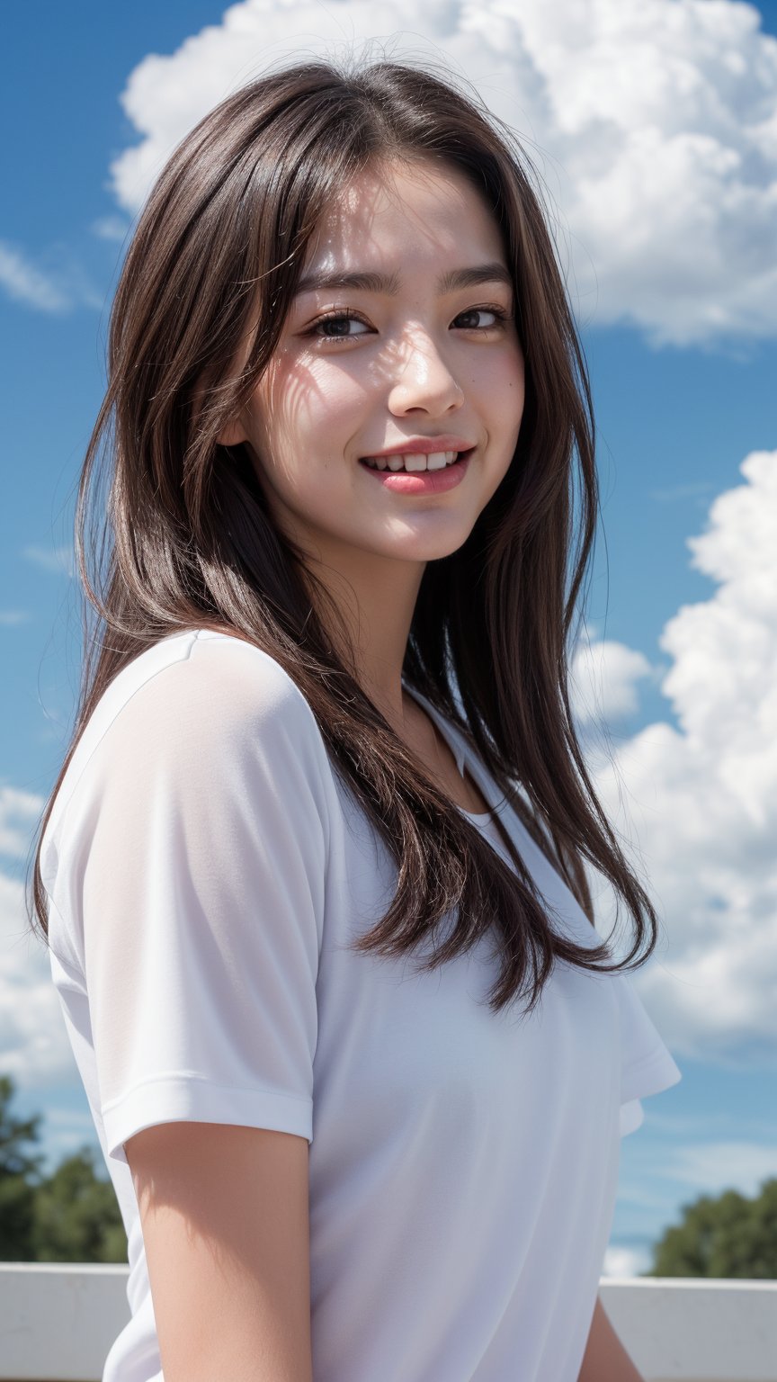 (1girl:1.2), (big smile), beautiful face, Amazing face and eyes, long silky brown hair, wearing white t shirt, delicate, (Best Quality:1.4), (Ultra-detailed), (extremely detailed beautiful face), cute smile, brown eyes, (highly detailed Beautiful face), (summer high school uniform:1.2), (extremely detailed CG unified 8k wallpaper), Highly detailed, High-definition raw color photos, Professional Photography, Realistic portrait, Extremely high resolution, smiling, (Clouds all over the sky, cloudy sky, lots of clouds:1.5), (cloudy day:1.5), half figure