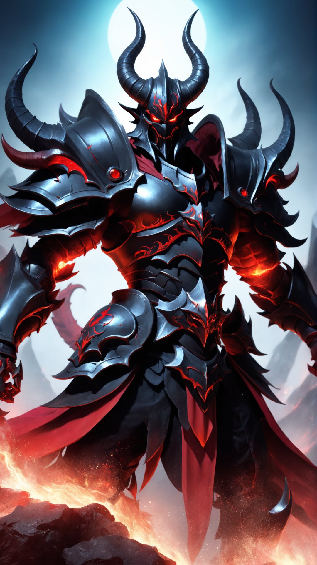 (masterpiece, top quality, best quality, official art, beautiful and aesthetic), 1boy, male, fully armored, masked, blood magic, draconic armor, red and black color scheme, glowing eyes, red demonic horns, demon god, demon king, red eyes, epic, demonic halo, (dynamic angle), abyssal, splash art, highest definition, dark background, gradient background