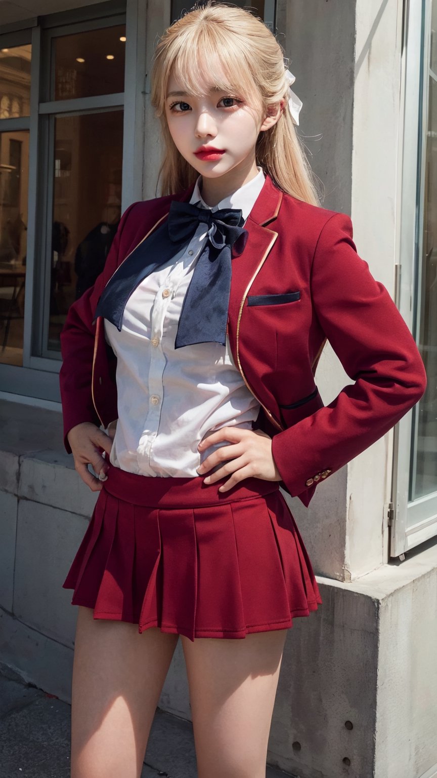 masterpiece, best quality, highres, 1girl, solo, long hair, blonde hair, hair ribbon, bangs, blue eyes, blue bowtie, collared shirt, red blazer, (red jacket), long sleeves, pleated skirt, white skirt, hand on hip, building, standing, cowboy shot,