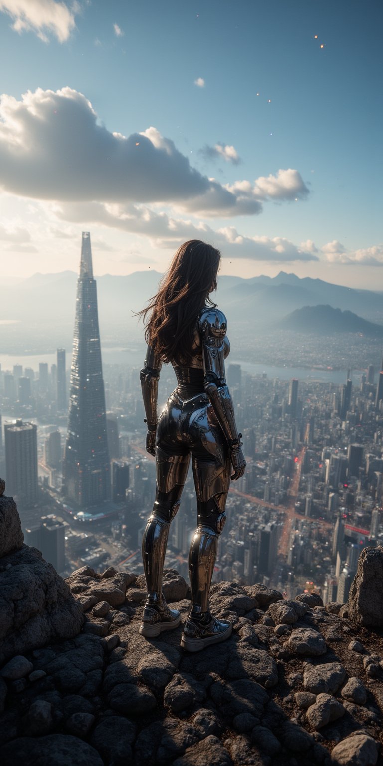 A futuristic scene where Riel Mecha stands amidst a sprawling metropolis. A bright, Two-tone lighting illuminates the cityscape, with a Low ISO capturing every intricate detail. In the foreground, a sleek, cybernetic arm protrudes from the protagonist's body, its PBR texture glistening in the light. The Real Mechanical Parts Technology allows for seamless integration of mechanical enhancements, blurring the line between human and machine. A cityscape unfolds beyond, with towering skyscrapers and neon lights, while glowing particles swirl around the subject. Maximum clarity and sharpness are maintained through 8K raw and highly efficient sub-pixels.