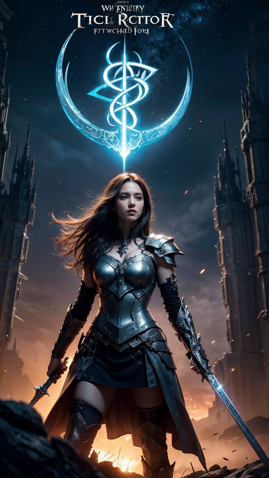 fantasy, epic, movie poster-style illustration, a girl standing in armor, with a dynamic and magical background, featuring prominent and well-designed typography elements, standing, confident, determined, wielding a sword, epic title, magical forest, glowing runes, bold text