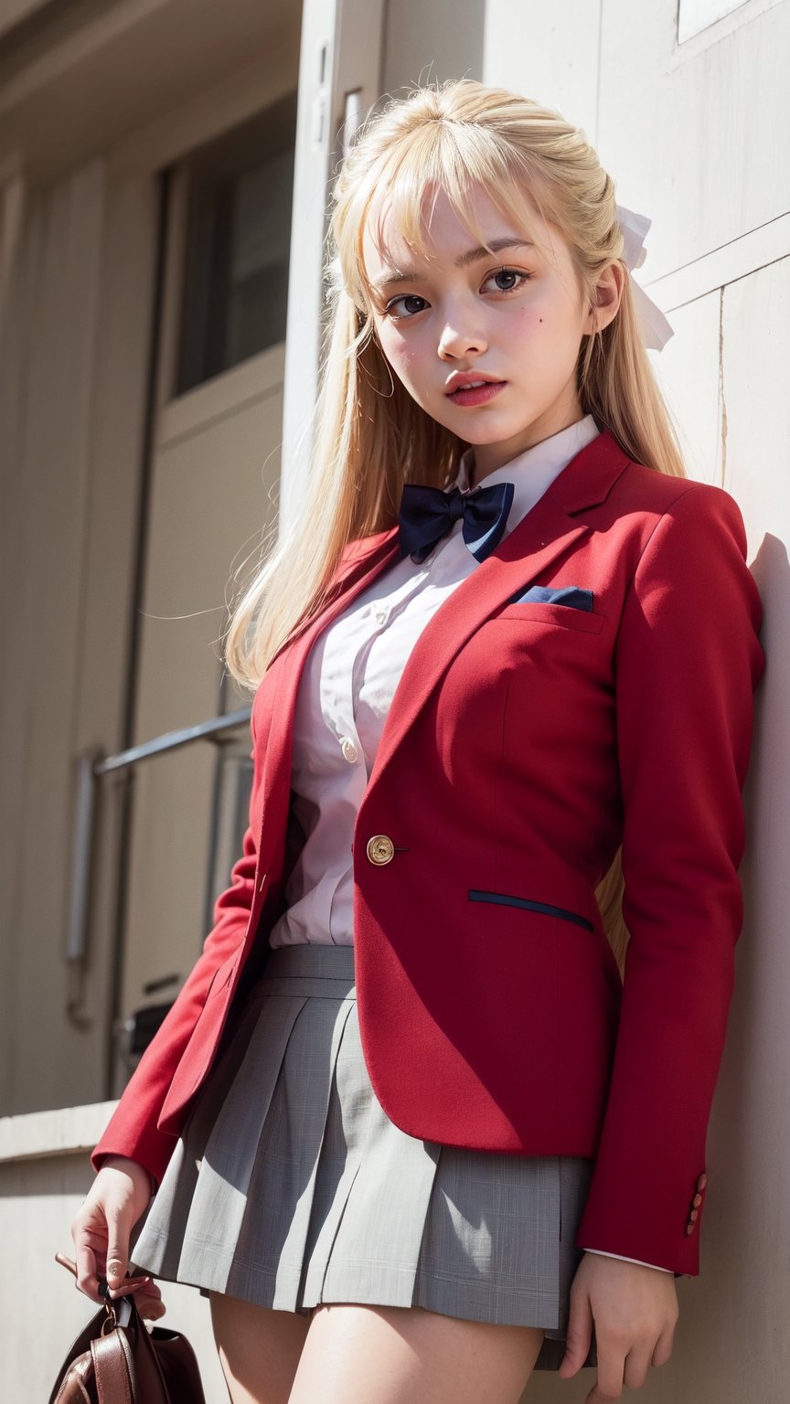 masterpiece, best quality, highres, 1girl, solo, long hair, blonde hair, hair ribbon, bangs, blue eyes, blue bowtie, collared shirt, blazer, red jacket, long sleeves, pleated skirt, white skirt, standing, cowboy shot, outdoors, smile