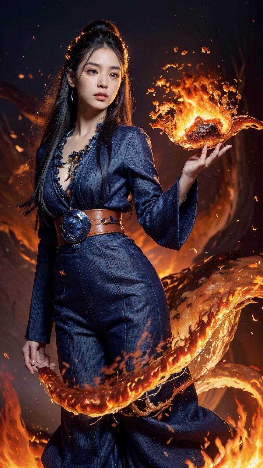 8K, ultra detailed, masterpiece, 1 fire girl, good face, detailed eyes, very long hair, hire hair, (fire outfit:1.8), (indigo outfit:1.5), (spreading fire:1.5), (aura:1.4), flame in hands, perfect body,