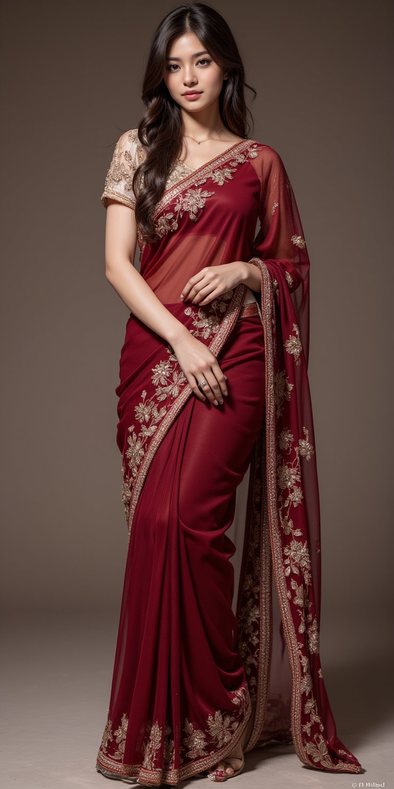 (Extra realistic) Sweet saree indian sexy women from mumbai,26 years old,clear body features,shiny skin,earrings,necklace,real eyes,shy,covering face with hands,mesmerizing,blowing hair,perfect weist,errected body,perfect anatomy,fit saree dress(Red Mehroon saree with embroidery, blouse with huge embroidery work),(photo till butts),(Create an image with a beautifully composed natural background, perfect composition,depth of perspective,studio photo