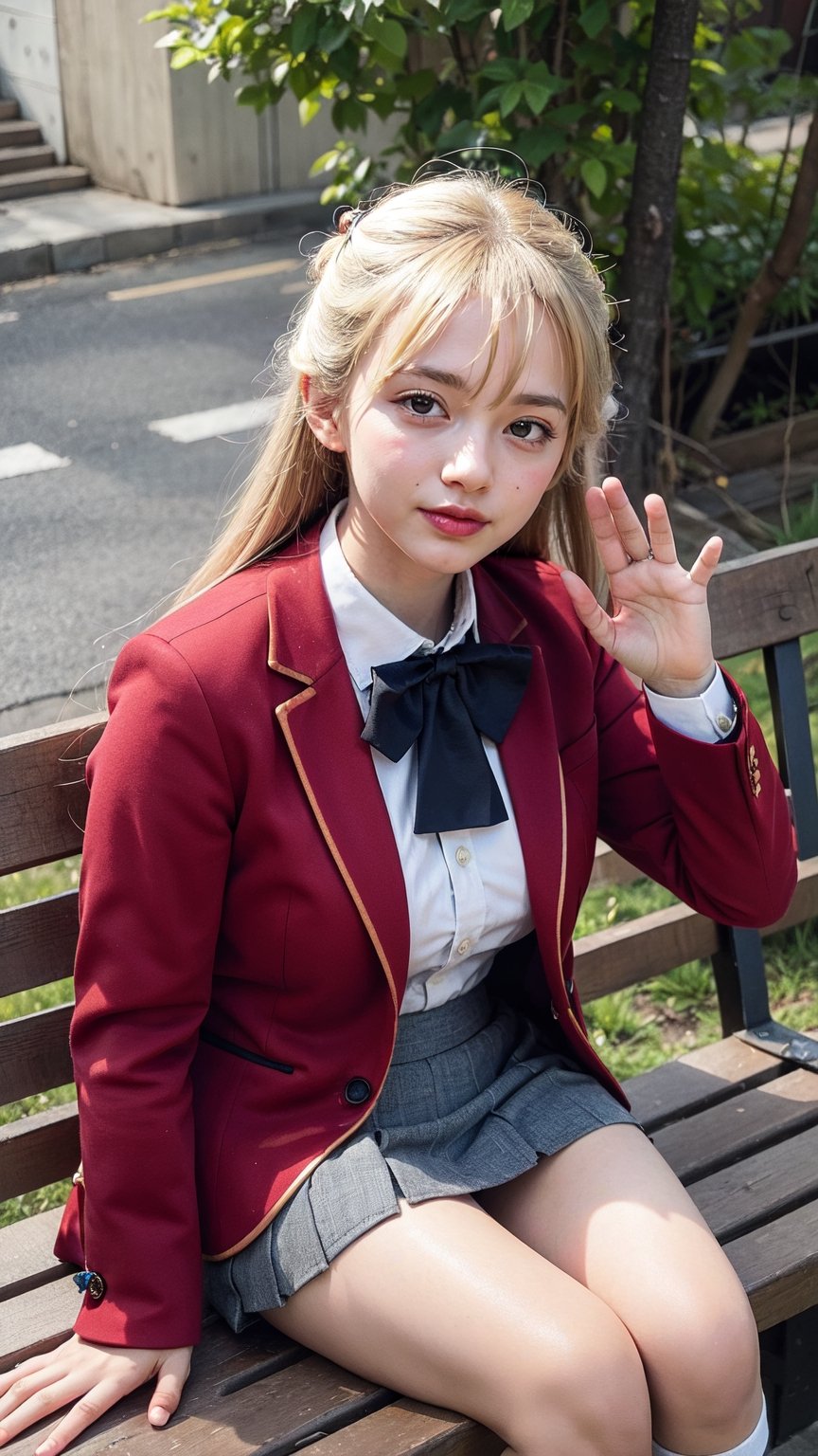 masterpiece, best quality, highres, 1girl, solo, long hair, blonde hair, hair ribbon, bangs, blue eyes, blue bowtie, collared shirt, red blazer, (red jacket), long sleeves, pleated skirt, white skirt, sitting, outdoors, bench, waving, smile, open mouth,