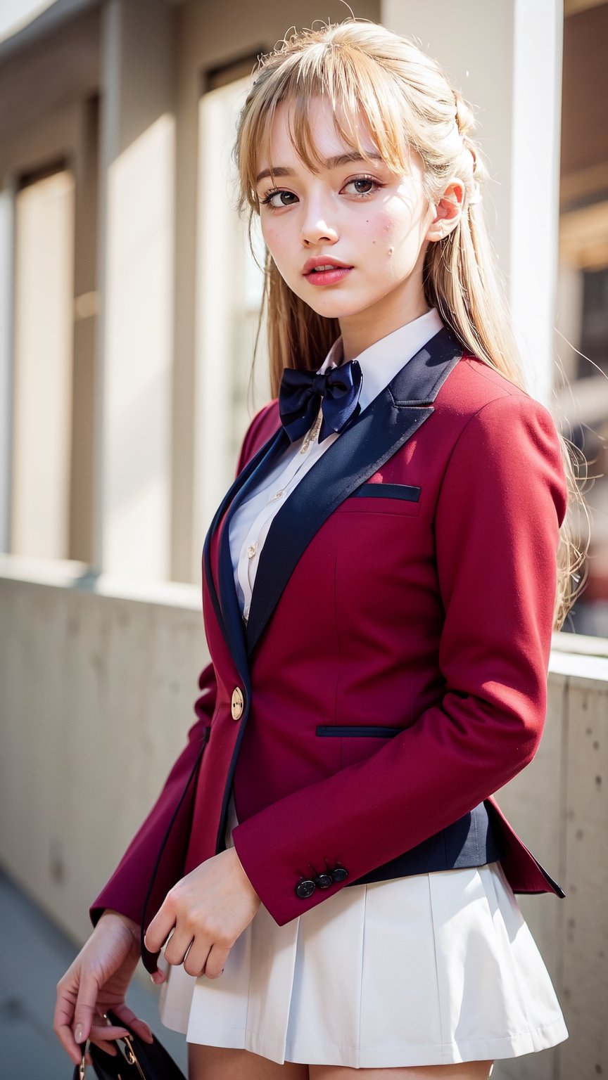 masterpiece, best quality, highres, 1girl, solo, long hair, blonde hair, hair ribbon, bangs, blue eyes, blue bowtie, collared shirt, blazer, red jacket, long sleeves, pleated skirt, white skirt, standing, cowboy shot, outdoors, smile