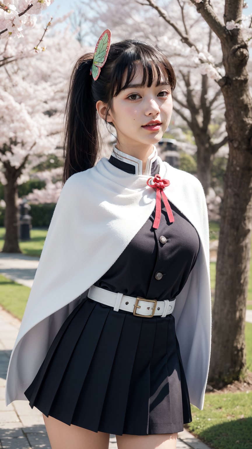 masterpiece, best quality, highres, aakanao, long hair, side ponytail, hair ornament, white cape, red ribbon, black jacket, long sleeves, belt, pleated skirt, black skirt, standing, cowboy shot, leaning forward, arms behind back, smile, open mouth, outdoors, cherry blossoms,