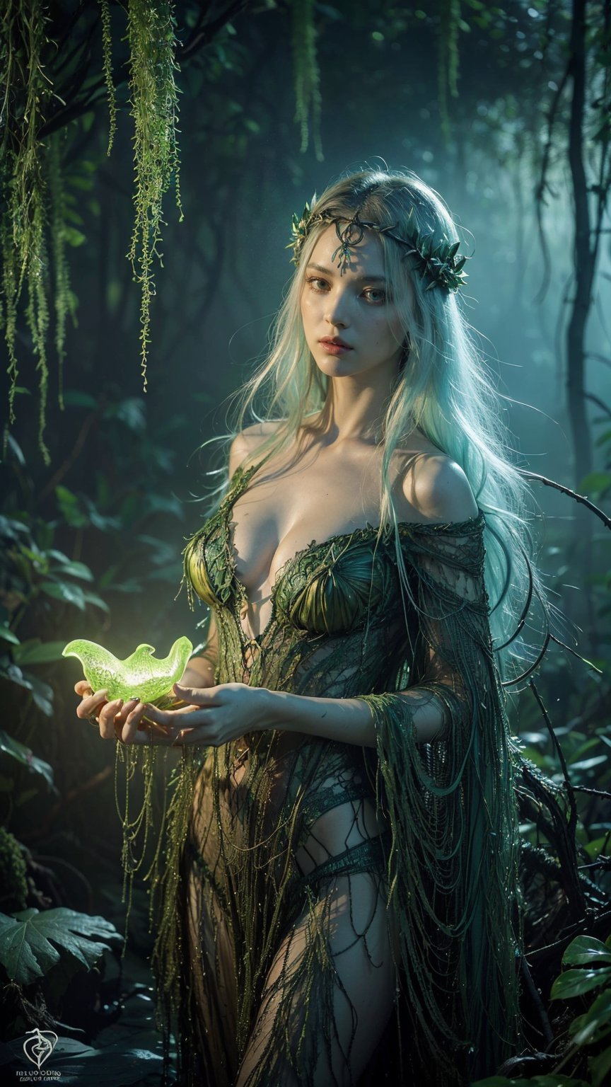 (in Gerald Brom style:1.4), (masterpiece:1.2), (A female swamp siren with skin of bioluminescent algae and hair of venomous jellyfish tentacles, adorned in a dress of interwoven mangrove roots and carnivorous pitcher plants, rendered in an eerie bioluminescent style with phosphorescent greens and blues, wearing unique Avant-garde masterpiece attire and headdress:1.1), (illuminated by the ghostly glow of swamp gas, set against the backdrop of a decaying mangrove forest filled with mutated creatures:1.1), (hyperdetailed:1.1), (intricate details:1.0), (Refined details:1.1), (best quality:1.1), (very stylish detailed modern haircut, mesmerizing detailed radiant face, mesmerizing detailed beautiful eyes:1.2)
