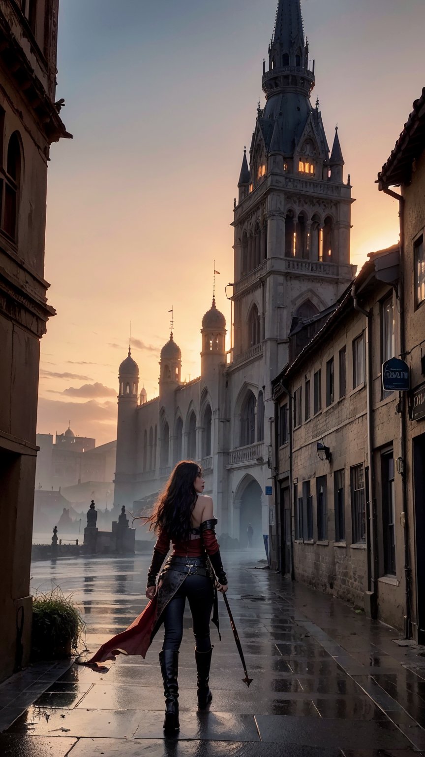 (Ink illustration on parchment). Mediterranean fantasy landscape, dirty streets, coal skies painted in vibrant shades of red and orange, endless fantasy city stretching to the horizon, a lone young woman traversing the massive medieval city, fantasy rogue outfit, next to mud brick buildings, massive fantasy buildings faded on the horizon, flickers of magical energy illuminating the bleak landscape, Ink splashes, rough ink sketch, moody, gloomy, massive palace in the far distance, high contrast, stylized, woman with boots, pants, belt, dramatic sky, long curly hair, small figure walking the street within massive fantasy city, back to viewer, dark skin, shimmering street, solemn