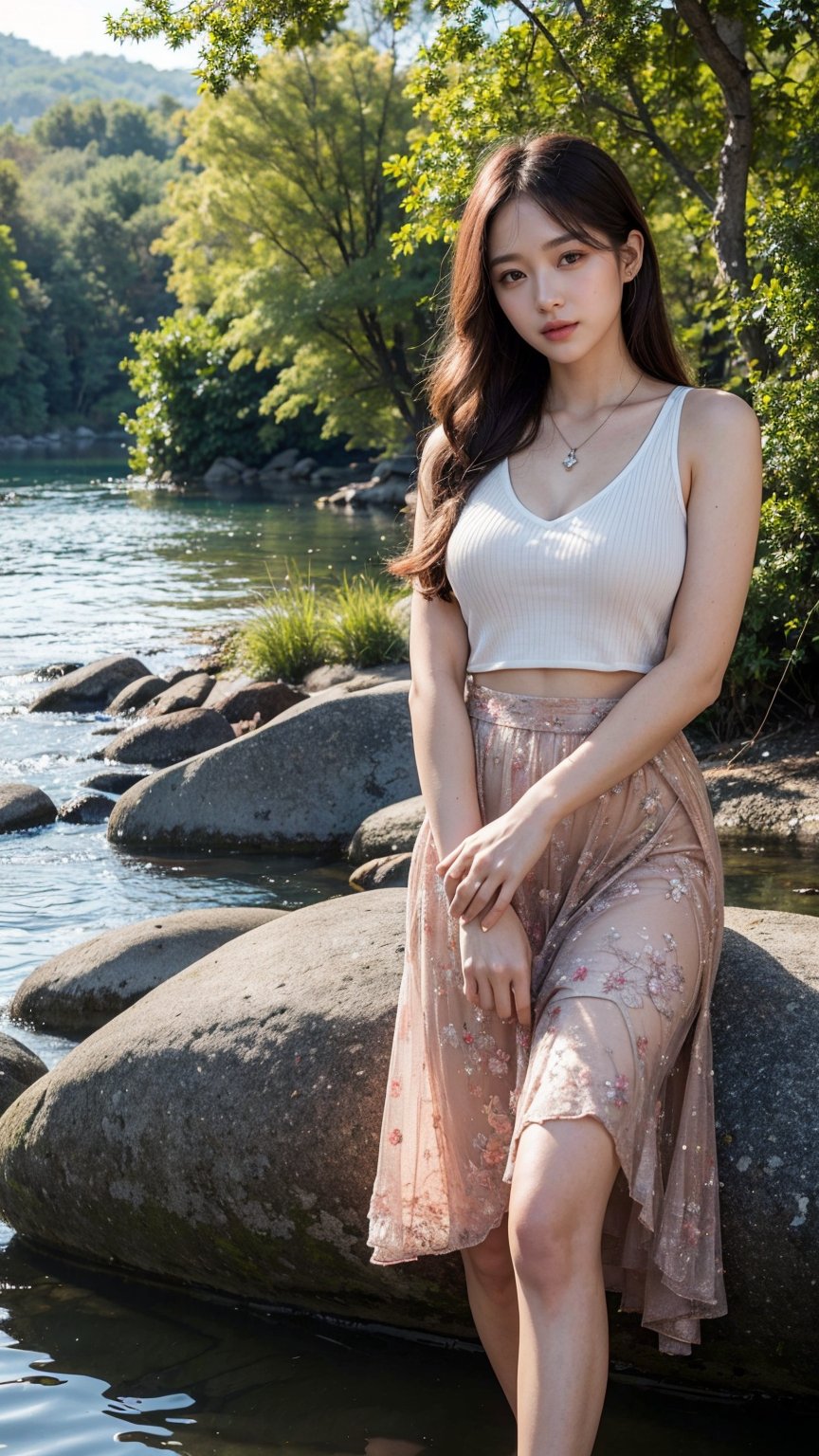 1 girl, happy expression, charming eyes, straight long hair, flowing skirt, big, looking at the sun, calm posture, porcelain-like skin, subtle blush, crystal pendant BREAK Golden Hour, (edge lighting): 1.2, cool colors, sun flare, soft shadows, bright colors, painting effects, fantastic atmosphere BREAK Scenic lakes, distant mountains, pine trees, mountain tops, reflections, sunlit clouds, tranquil atmosphere, idyllic sunrise, Ultra detailed, official art, unified 8k wallpapers, zentangle, mandala
