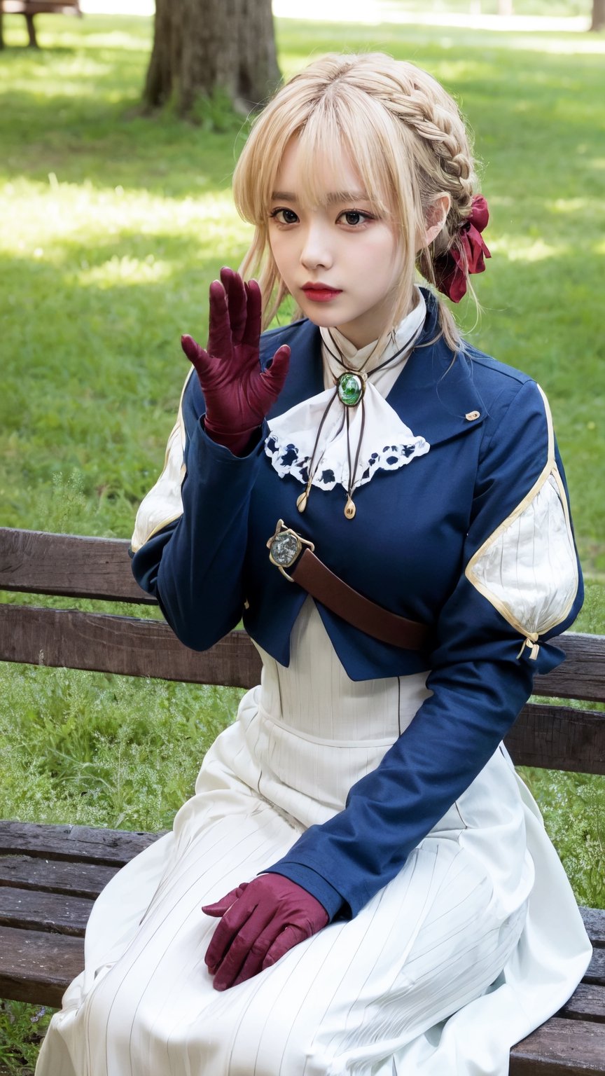 masterpiece, best quality, highres, violet evergarden, braid, hair ribbon, red ribbon, jewelry, white ascot, brooch, blue jacket, long sleeves, brown gloves, white dress, long dress, sitting, (waving:1.1), bench, outdoors