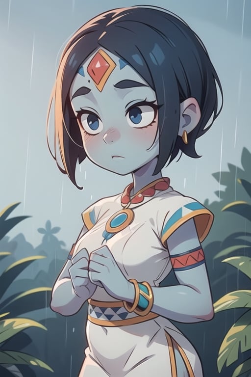 an Aztec goddess of rain, blue skin, serene face, white clothes, bare forehead, short hair