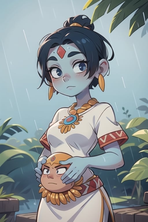 an Aztec goddess of rain, blue skin, serene face, white clothes, bare forehead, short hair