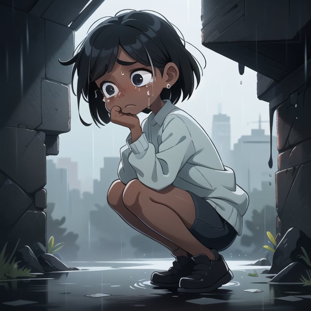 2.5D, a  beautiful girl crying on her knees (black skin color), black hair, sad, crying, rainy background