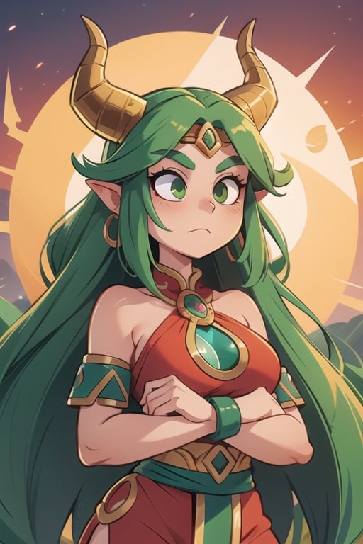 1 woman powerful Aztec dragon goddess of the sun, quetzalcoatl, red clothes with green details, green hair, golden eyes, long hair, loose hair, straight hair, golden horns, dragon tail, hapy face, big chest