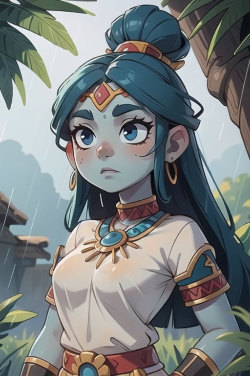 an Aztec goddess of rain, (blue skin), serene face