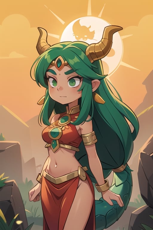 1 woman powerful Aztec dragon goddess of the sun, quetzalcoatl, red clothes with green details, green hair, golden eyes, long hair, loose hair, straight hair, golden horns, dragon tail