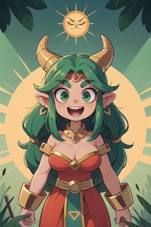 1 excited powerful Aztec dragon goddess of the sun, quetzalcoatl, red clothes with green details, green hair, golden eyes, long hair, loose hair, straight hair, golden horns, dragon tail, hapy face, big tits, big but