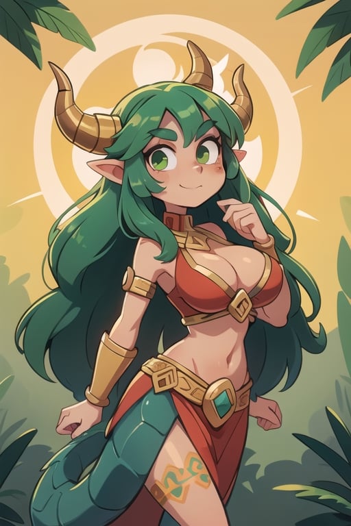 1 woman powerful Aztec dragon goddess of the sun, quetzalcoatl, red clothes with green details, green hair, golden eyes, long hair, loose hair, straight hair, golden horns, dragon tail, hapy face, big tits, big but