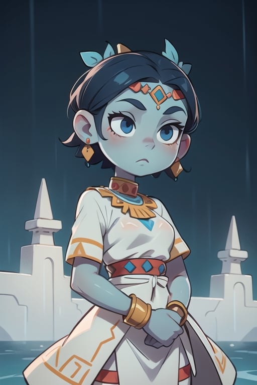 an Aztec rain goddess, blue skin, serene face, white clothes, bare forehead, short hair