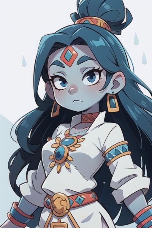 an Aztec goddess of rain, blue skin, serene face, white clothes, bare forehead