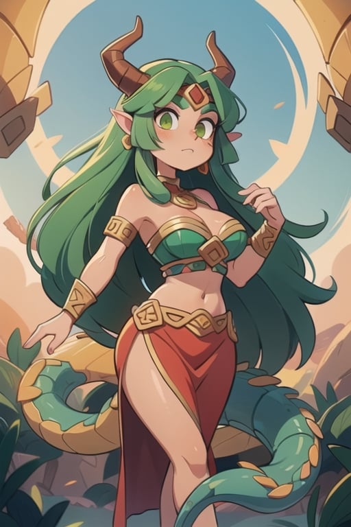 1 powerful Aztec dragon goddess of the sun, quetzalcoatl, red clothes with green details, green hair, golden eyes, long hair, loose hair, straight hair, golden horns, big woman
dragon tail