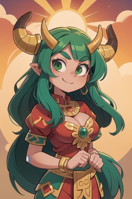 1 woman powerful Aztec dragon goddess of the sun, quetzalcoatl, red clothes with green details, green hair, golden eyes, long hair, loose hair, straight hair, golden horns, dragon tail, hapy face, big chest