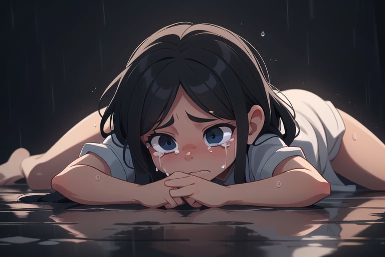 2.5d, a beautiful girl lying face down on the floor crying, (black skin color), sad, crying, tears in her eyes, black hair, rainy background
