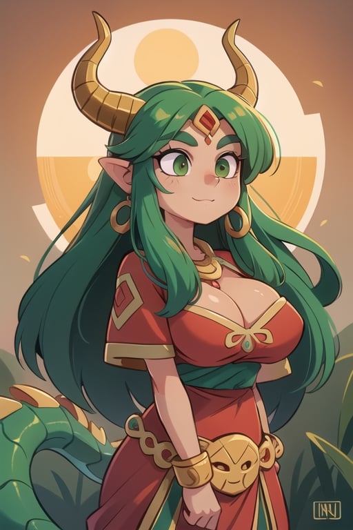 1 woman powerful Aztec dragon goddess of the sun, quetzalcoatl, red clothes with green details, green hair, golden eyes, long hair, loose hair, straight hair, golden horns, dragon tail, hapy face, big chest