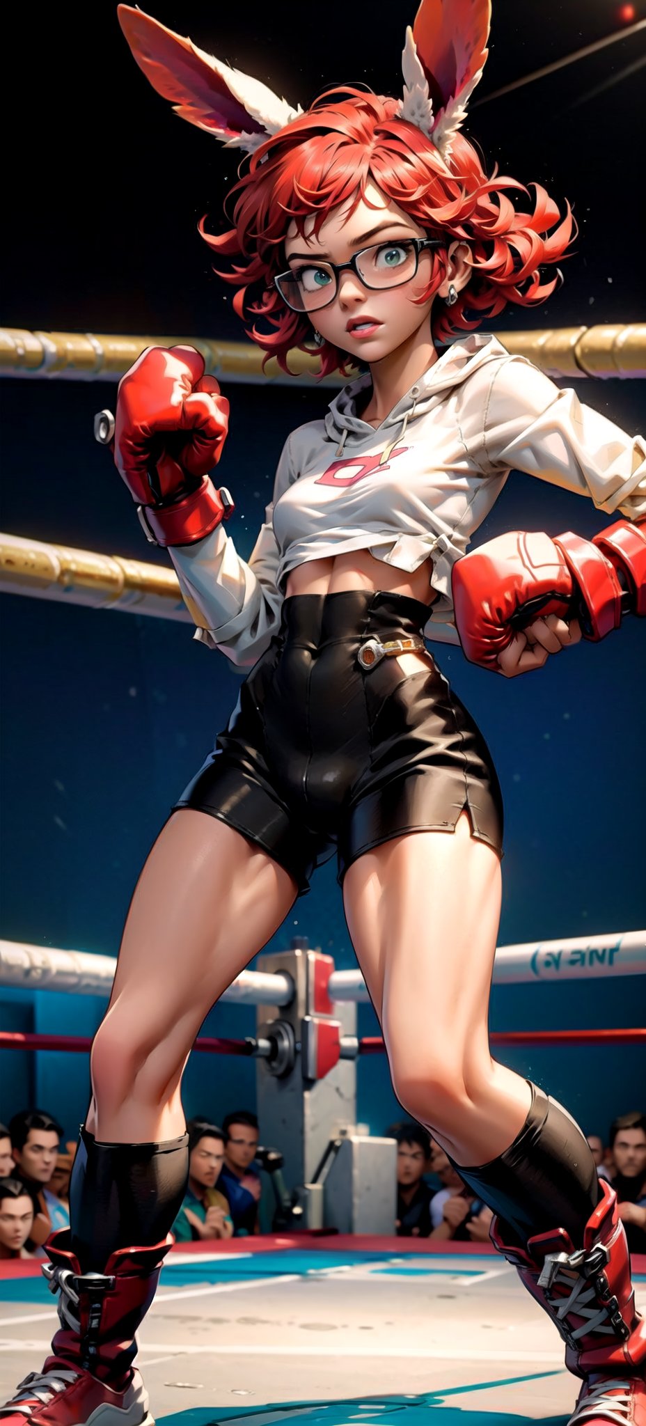 2.5D, 18 years old very beautiful boxer bunny girl, short red hair, bunny ears
, wear thick-rimmed glasses,  short and small body, perfect long legs, boxing boots, rosy skin shiny skin Wear a black hooded T-shirt, worried face
, longsleeves with boxing gloves, champion belt, wear boxing shorts, boxing pose, boxing clothes, the golden ratio (masterpiece, top quality, extreme), colorful pastel swirl background
