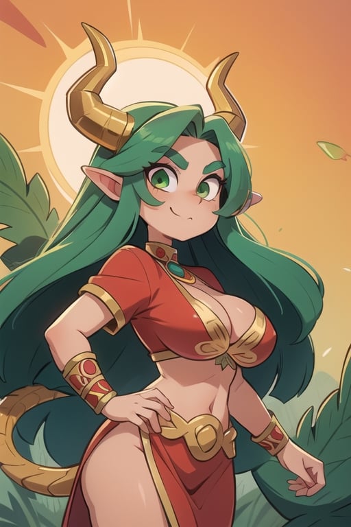 1 woman powerful Aztec dragon goddess of the sun, quetzalcoatl, red clothes with green details, green hair, golden eyes, long hair, loose hair, straight hair, golden horns, dragon tail, hapy face, big tits, big but