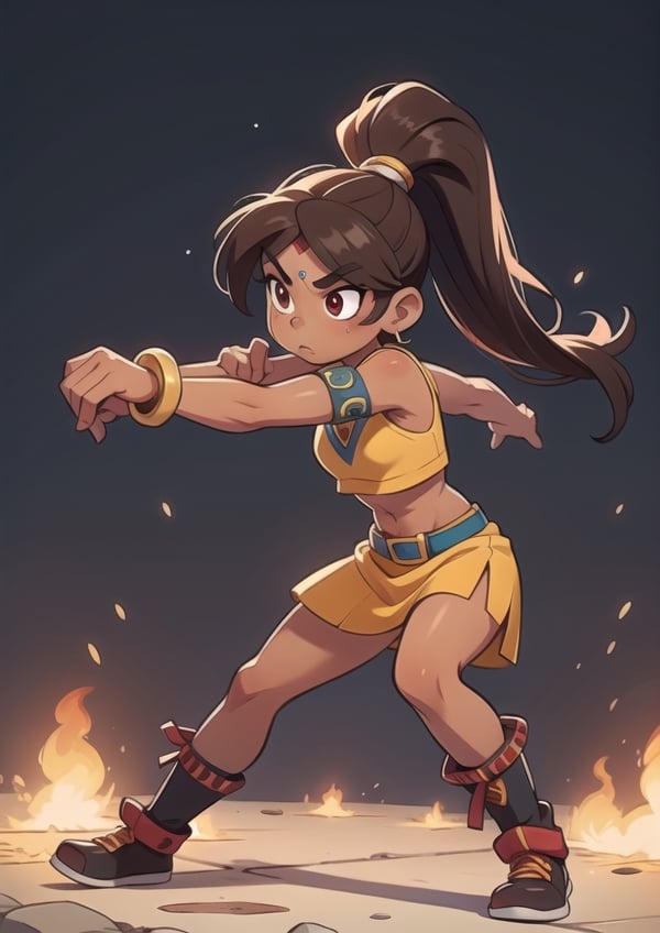 2.5D, an aztec fighting girl, perfect body, full body, black skin,
long hair, ponytail, brown hair
 

