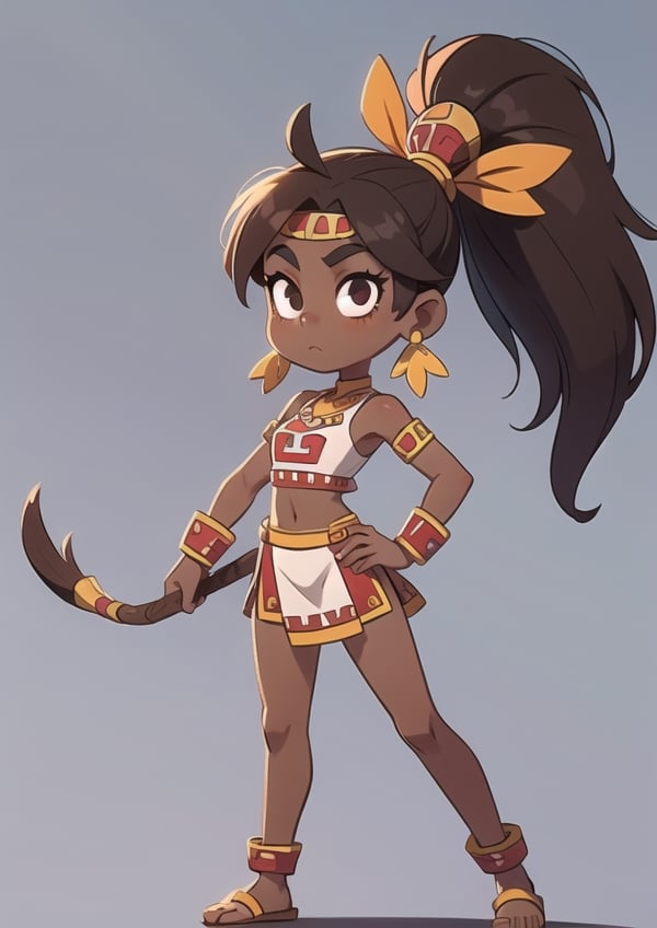 2.5D, an aztec girl, perfect body, full body, black skin,
long hair, ponytail, brown hair
 

