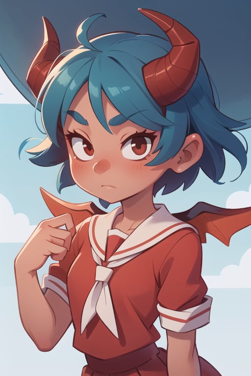 2.5D, a beautiful girl with red skin, with horns and wings, 
wearing school uniform, short blue hair, bad face,
